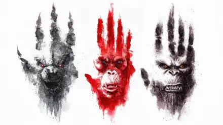 Grungy triptych of primal ape faces in black, red, and gray emerging from handprint marks — Godzilla x Kong: The New Empire 4K Ultra HD PC wallpaper