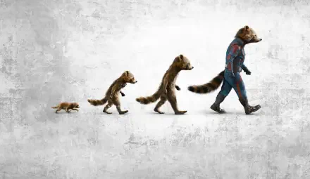 Guardians of the Galaxy Vol. 3 4K Ultra HD PC desktop wallpaper showing Rocket Raccoon evolving from a cub to an adult in a left-to-right progression on a textured gray background.