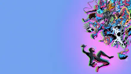 Spider-Man: Across the Spider-Verse 4K Ultra HD PC wallpaper — silhouetted Spider-Man falling toward a colorful collage of Spider-heroes on a blue-to-pink gradient.