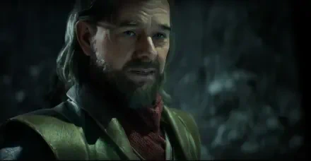 HD PC desktop wallpaper and background: close-up of a bearded, armored character from the video game Echoes of the End, tense expression against a dim, rocky cavern backdrop.