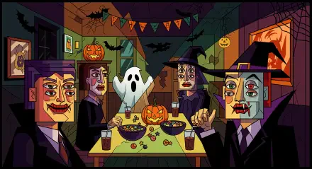 Geometric cubist Halloween Party scene: costumed guests at a candy-strewn table with jack-o'-lanterns, ghost decor and bats — 4K Ultra HD PC desktop wallpaper and background.
