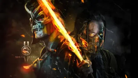 Mortal Kombat 2 (2025) 4K Ultra HD PC desktop wallpaper: two fiery warriors — one with a flaming skull mask, the other masked and gripping a glowing blade amid embers and smoke.