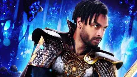 Dungeons & Dragons: Honor Among Thieves 4K Ultra HD PC desktop wallpaper and background — armored hero with dreadlocks and ornate chestplate gazes right against a glowing blue crystal cavern.