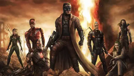 Zack Snyder's Justice League 4K Ultra HD PC wallpaper: brooding armored heroes and antiheroes stand on rubble under a stormy sky, a towering column of fire behind them.