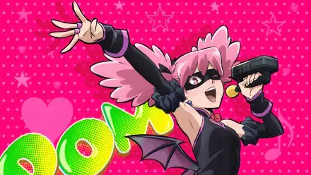 My Hero Academia: Vigilantes 4K Ultra HD PC desktop wallpaper of a pink‑haired masked heroine posing with a microphone against a neon pink, starry, heart-patterned background.