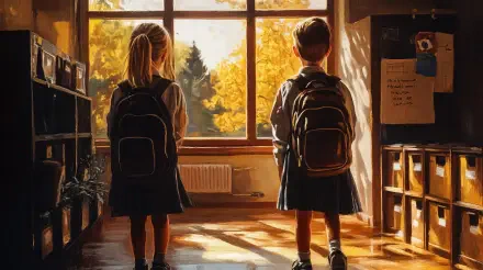 4K Ultra HD PC desktop wallpaper — two schoolchildren with backpacks stand in a sunlit classroom, looking out at golden autumn trees. Back to school, first day of school.