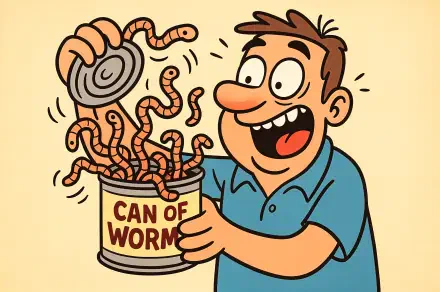 Funny 4K Ultra HD PC desktop wallpaper: cartoon man gleefully opens a can labeled Can of Worms as dozens of wiggling worms spill out.