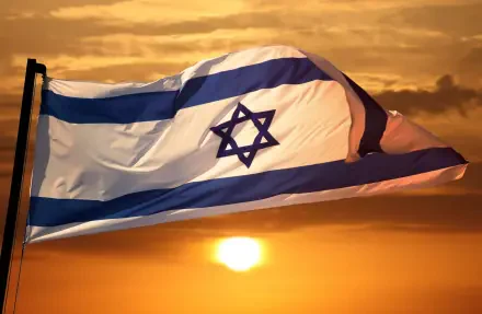 Israeli national flag with blue Star of David waving against a golden sunset — HD desktop wallpaper background.