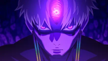 HD PC desktop wallpaper/background: anime Dandadan's Jin Enjouji with a glowing third eye, purple aura and an intense neon-lit stare.
