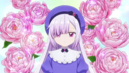 Anime HD PC desktop wallpaper from Atelier (Welcome to the Outcast's Restaurant!): lavender-haired girl in a beret and frilled collar framed by large pink peonies.