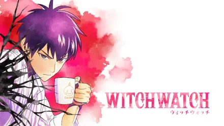 HD PC desktop wallpaper featuring Morihito Otogi from the anime WITCH WATCH — purple-haired, brooding character holding a mug against a pink watercolor background and WITCH WATCH logo.