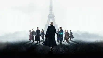 Fantastic Beasts: The Crimes of Grindelwald 4K Ultra HD PC desktop wallpaper showing Grindelwald's silhouette leading a group across a foggy Paris street with the Eiffel Tower looming.