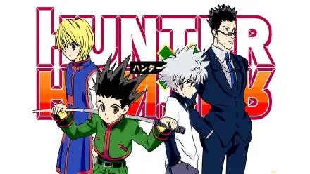 Hunter x Hunter 4K Ultra HD PC desktop wallpaper/background: Gon, Killua, Kurapika and Leorio pose together in front of a bold red series logo.