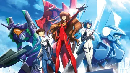 Evangelion 03 4K Ultra HD PC desktop wallpaper: three pilots in plugsuits (Asuka center) with towering EVA units looming behind against a vivid blue sky.