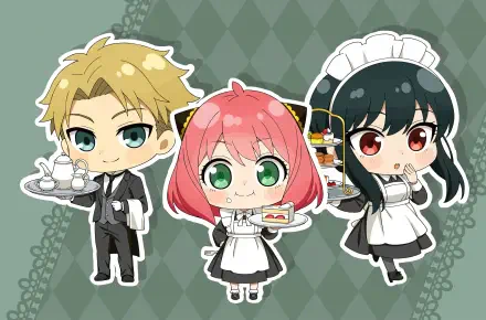 Chibi Spy x Family 4K Ultra HD PC desktop wallpaper: Anya center with cake, Loid left with tea set, Yor right in maid outfit, green diamond-patterned background.
