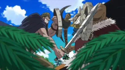 Anime One Piece HD PC desktop wallpaper and background of giants Dorry and Brogy clashing swords on a sunny island, palm leaves framing the dramatic duel.