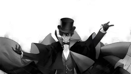 Novel 4K Ultra HD PC desktop wallpaper/background: monochrome anime gentleman in top hat, tuxedo and cape, arms outstretched in a dramatic noir pose.