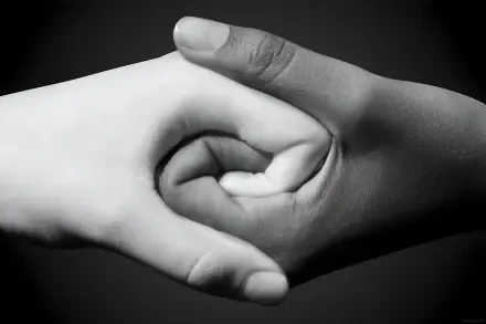 Black-and-white HD PC desktop wallpaper showing two hands clasped in a gentle handshake, symbolizing togetherness, family and friends.