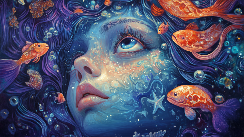 {{ A dreamy, artistic depiction of a girl surrounded by colorful fish, swirling bubbles, and oceanic elements, perfect for a fantasy-themed HD PC desktop wallpaper. 
