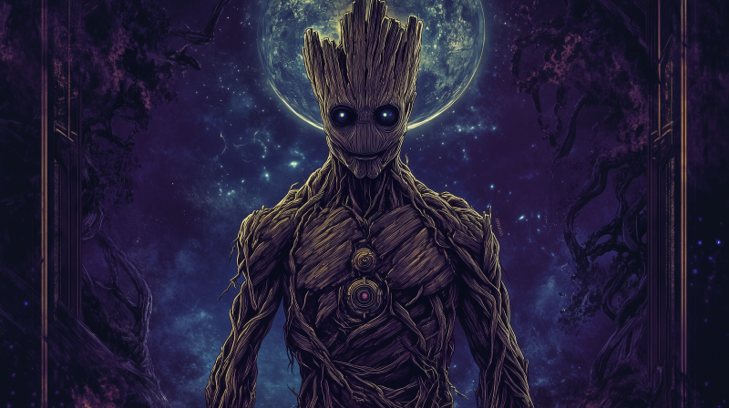 {{ Artistic HD wallpaper featuring Groot from Marvel Comics, set against a mystical night sky with a full moon, showcasing intricate details and vibrant colors. 