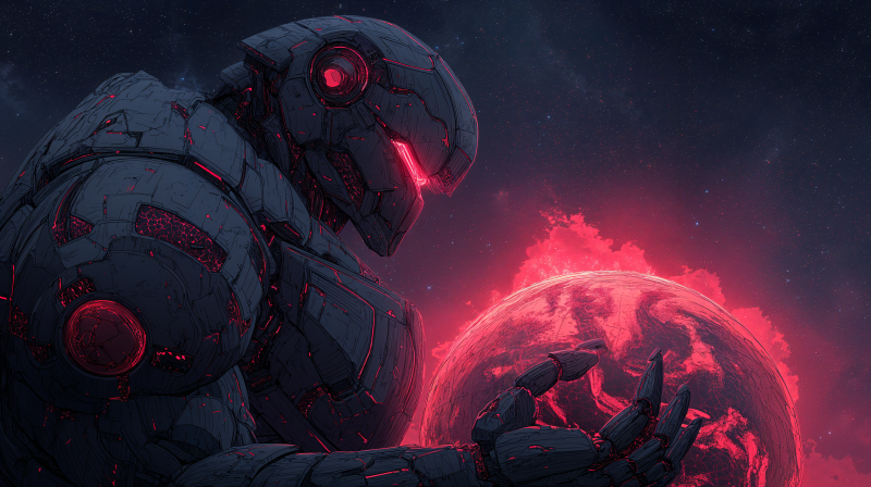 {{ A giant robot with glowing red accents cradles a fiery planet, set against a dark, starry background. This sci-fi scene serves as a stunning 4K Ultra HD desktop wallpaper. 