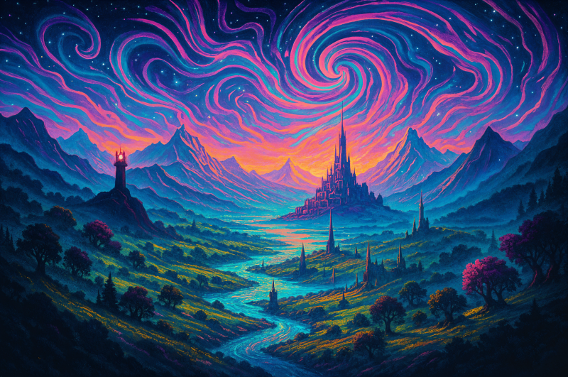 {{ Vibrant 4K Ultra HD Middle Earth landscape with swirling night sky, glowing castle, winding river, and surrounding mountains, rendered as a fantasy PC desktop wallpaper. 
