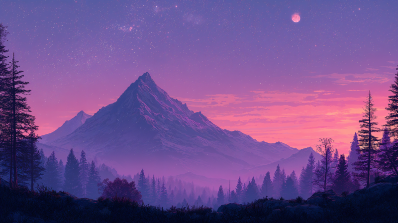 {{ 4K Ultra HD desktop wallpaper of a mountain at dawn, with a vivid purple and pink sky and silhouetted trees in the foreground. 