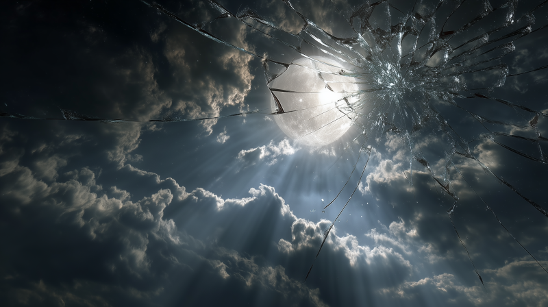 {{ HD PC wallpaper showing a bright moon and clouds through a broken screen, creating a striking contrast between the shattered glass and the night sky. 