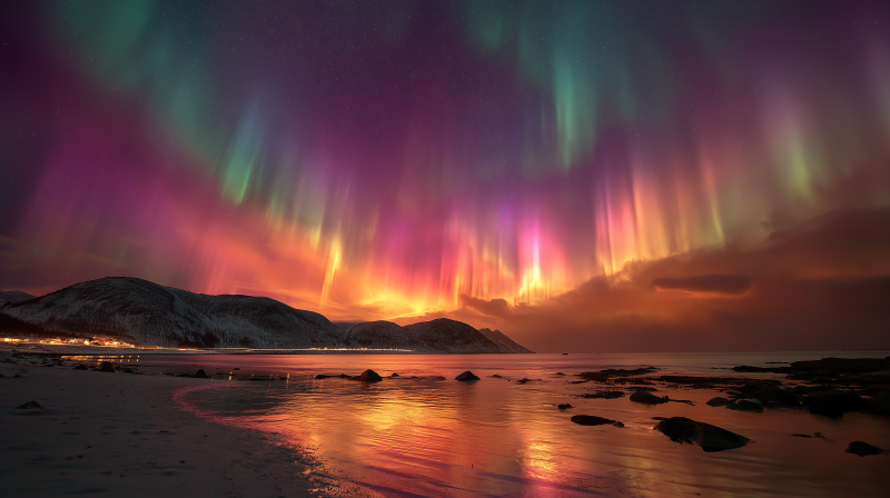 {{ HD desktop wallpaper of vibrant Northern Lights dancing over a calm ocean beach with silhouetted hills under a colorful night sky. 