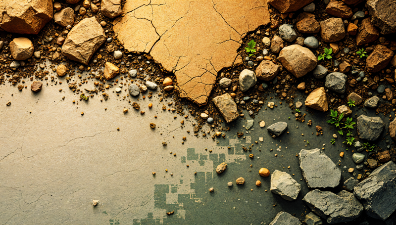 {{ 4K Ultra HD PC desktop wallpaper featuring a textured, cracked earth design with scattered rocks and a gradual pixelated transition effect. 