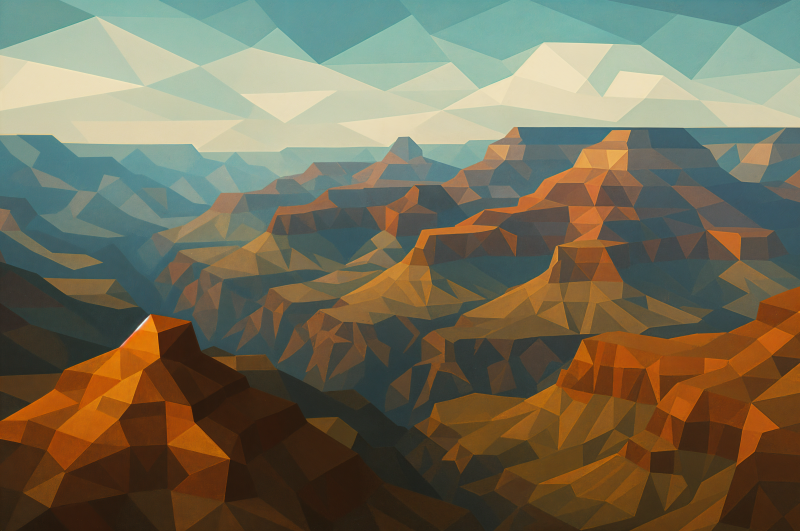 {{ Abstract geometric art of the Grand Canyon in vibrant colors, rendered as a 4K Ultra HD PC desktop wallpaper background. 