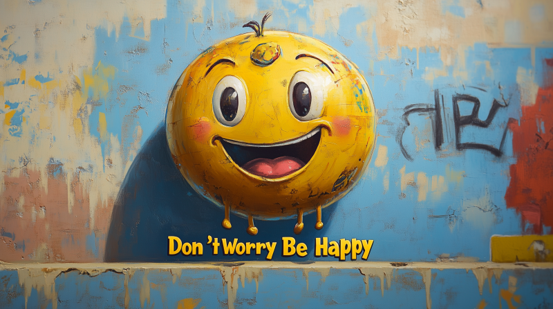 {{ HD desktop wallpaper featuring a cheerful yellow emoji with a big smile and the phrase Don't Worry Be Happy against a textured, colorful background. 