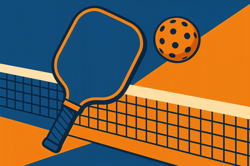 {{ 4K Ultra HD desktop wallpaper featuring a vibrant pickleball paddle and perforated ball over a net with bold blue and orange geometric background. 