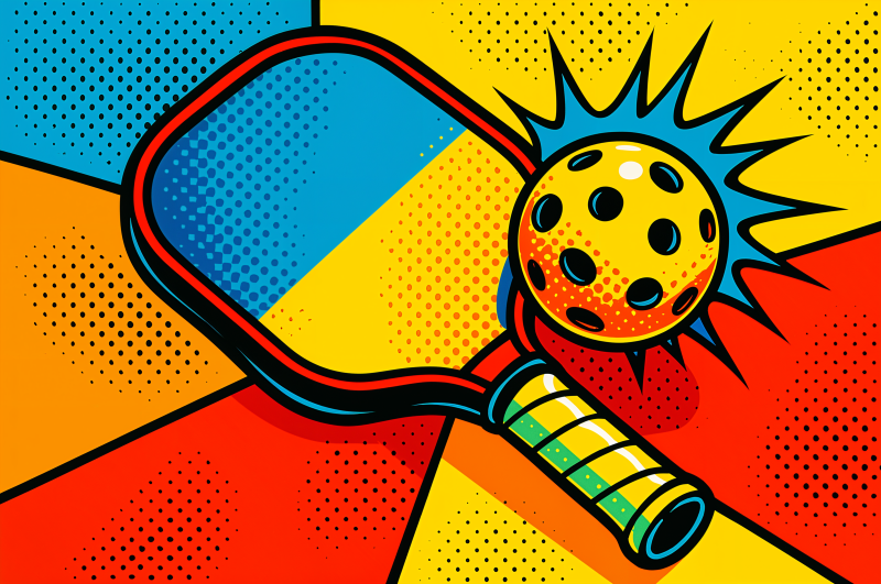 {{ Vibrant 4K Ultra HD pickleball-themed desktop wallpaper featuring a stylized paddle and ball with bold, comic-style colors and dynamic design elements. 