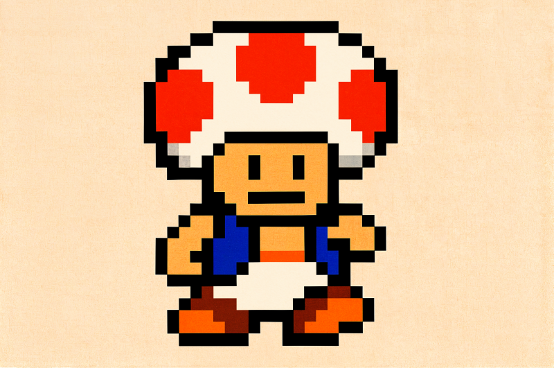 {{ Pixel-art Toad (Mario) centered on a beige background, retro 8-bit sprite presented as a 4K Ultra HD PC desktop wallpaper/background.