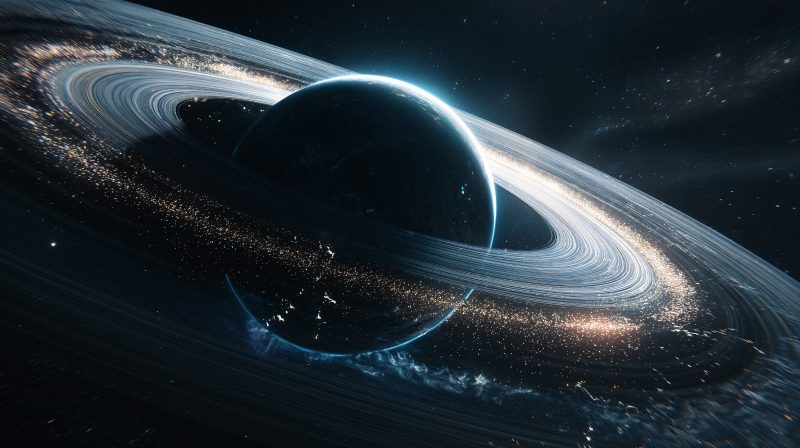 {{ 4K Ultra HD PC desktop wallpaper: sci-fi scene of a massive ringed planet with luminous rings, drifting debris, and distant stars.
