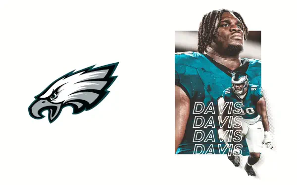 A vibrant HD wallpaper featuring Philadelphia Eagles player Jordan Davis, alongside the iconic Eagles logo and stylized text highlighting his name.