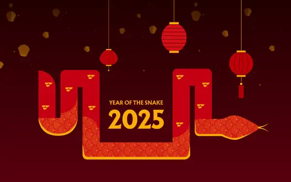 A vibrant Lunar New Year wallpaper featuring a stylized snake, symbolizing the Year of the Snake 2025, accented with traditional lanterns in a festive red backdrop.