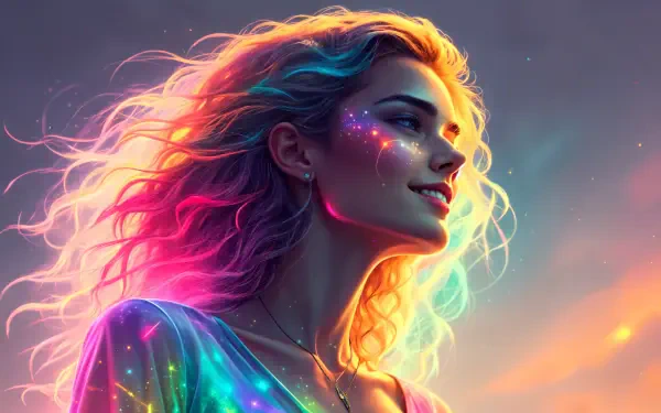 A vibrant neon girl with colorful hair and sparkling features, set against a dreamy background, creating a captivating 4K Ultra HD desktop wallpaper.