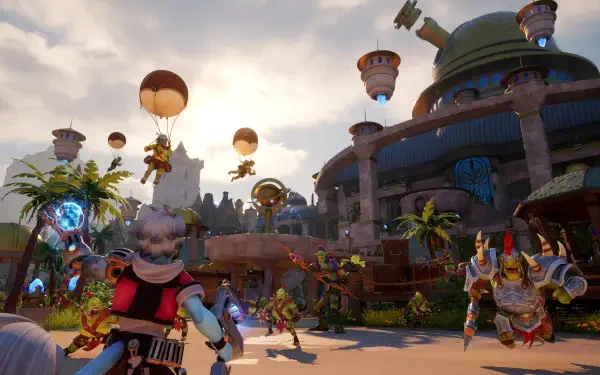 A vibrant HD desktop wallpaper from the video game Orcs Must Die! Deathtrap, showcasing characters and dynamic scenes with balloons and a colorful environment.