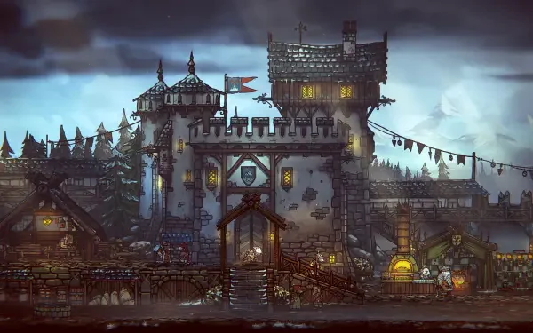 A stunning 4K Ultra HD wallpaper from Tails of Iron 2: Whiskers of Winter, showcasing a detailed medieval castle surrounded by trees and a moody sky. Perfect for gaming enthusiasts.