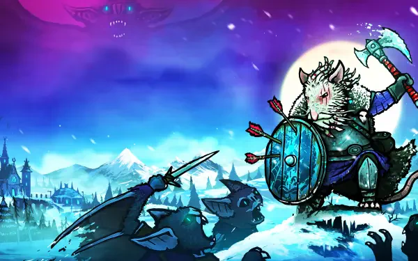 A stunning 4K Ultra HD background from Tails of Iron 2: Whiskers of Winter, featuring a fierce mouse warrior battling in a wintry landscape under a glowing moon.