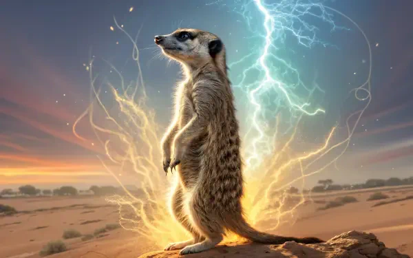 A striking 4K Ultra HD image of a meerkat standing proudly against a dramatic background of lightning and a colorful sunset, showcasing its alert stance in a desert landscape.