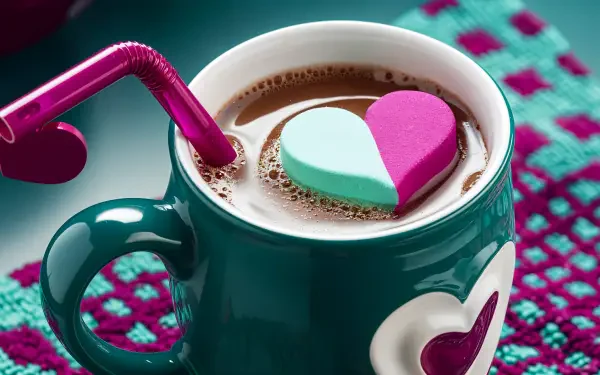 A vibrant cup of hot cocoa topped with colorful heart-shaped marshmallows, featuring a playful straw, set against a cozy background. A stylish 4K Ultra HD desktop wallpaper.
