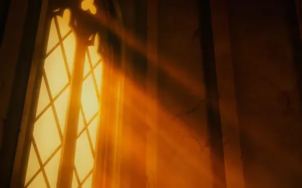 A warm sunlight streams through a gothic window, casting golden rays in a captivating anime style, inspired by Castlevania, creating a striking 4K Ultra HD background.