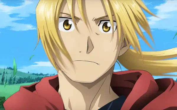 A close-up of Edward Elric from Fullmetal Alchemist, showcasing his determined expression. Bright blue sky and green landscape serve as a vibrant backdrop, ideal for an HD desktop wallpaper.