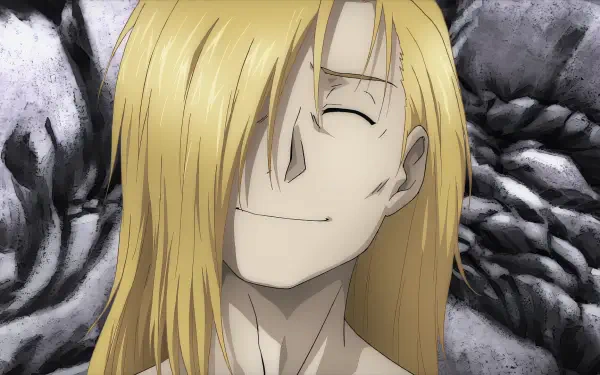 A vibrant HD wallpaper featuring Alphonse Elric from Fullmetal Alchemist, showcasing his cheerful expression against a textured, darker background.