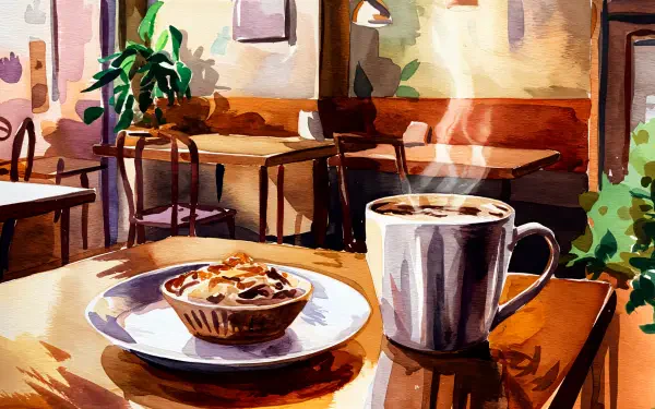 A cozy coffee scene featuring a steaming mug alongside a delicious pastry, set in a warm café atmosphere. This vibrant image serves as a 4K Ultra HD PC desktop wallpaper and background.