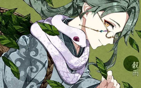 HD PC desktop wallpaper featuring Baizhu, a boy character from the video game Genshin Impact, surrounded by green leaves in an artistic style.