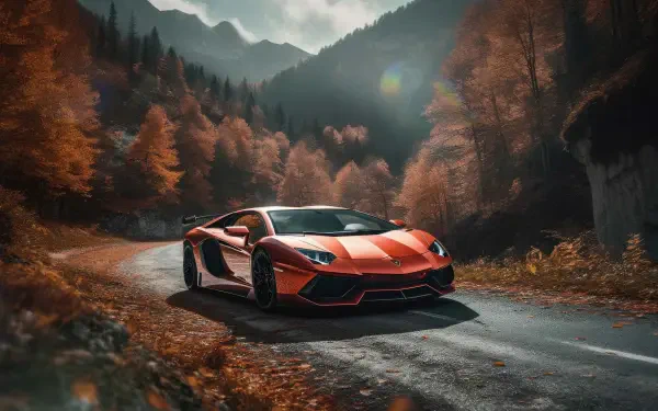4K Ultra HD PC desktop wallpaper: orange Lamborghini sports car on a winding mountain road amid autumn forests beneath a dramatic sky.